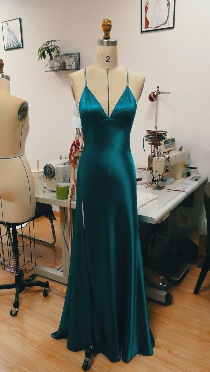 Teal Blue Satin V-neck Formal Prom Party Dress with Slit SD1445