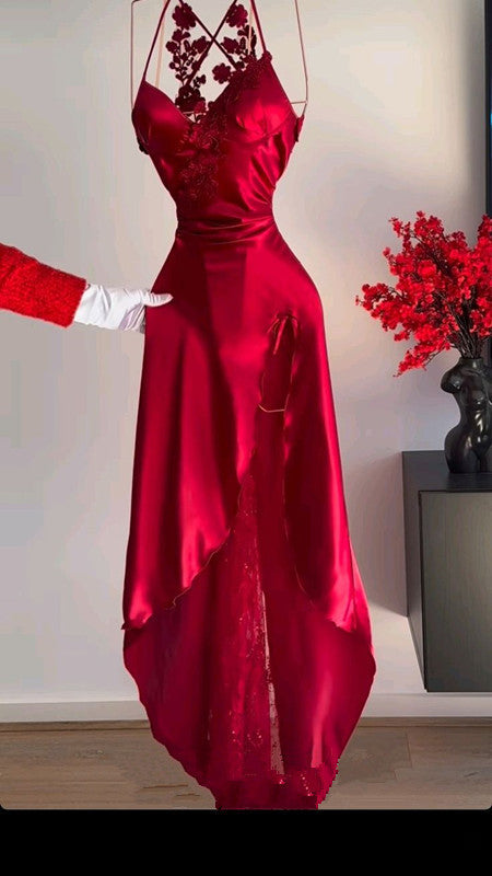 A Line Halter Red Sleeveless Long Party Dress Prom Dresses SD1457
