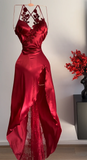 A Line Halter Red Sleeveless Long Party Dress Prom Dresses SD1457