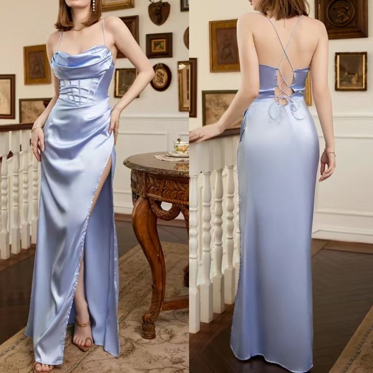 A Line Halter Blue Sleeveless Long Party Dress Prom Dresses SD1458