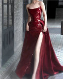 Sheath Strapless Burgundy Sleeveless Long Party Dress Sequin Prom Dresses SD1460