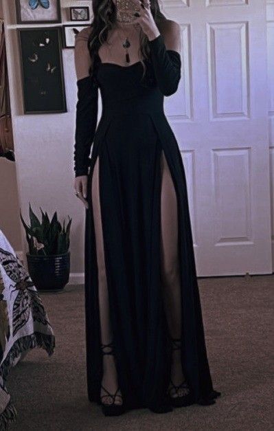 A line Off The Shoulder Black Long Party Dress Slit Prom Dresses SD1463
