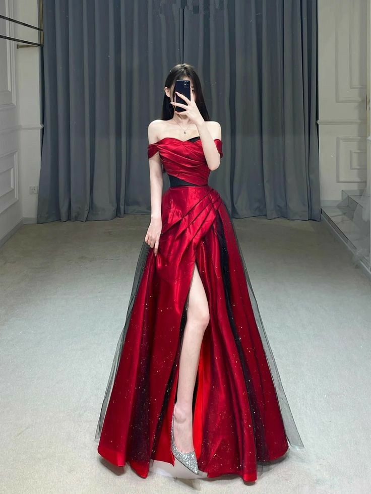 A Line Off The Shoulder Red Slit Party Dress Long Prom Dresses SD1469