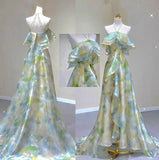A line Off The Shoulder Halter Green Floral Long Party Dress Prom Dresses SD1473