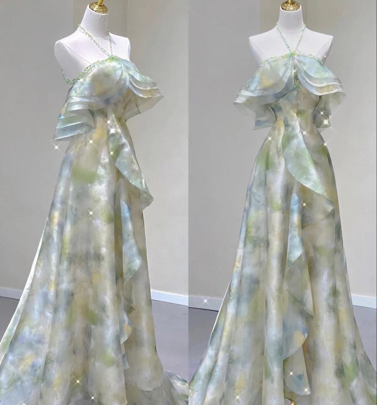 A line Off The Shoulder Halter Green Floral Long Party Dress Prom Dresses SD1473