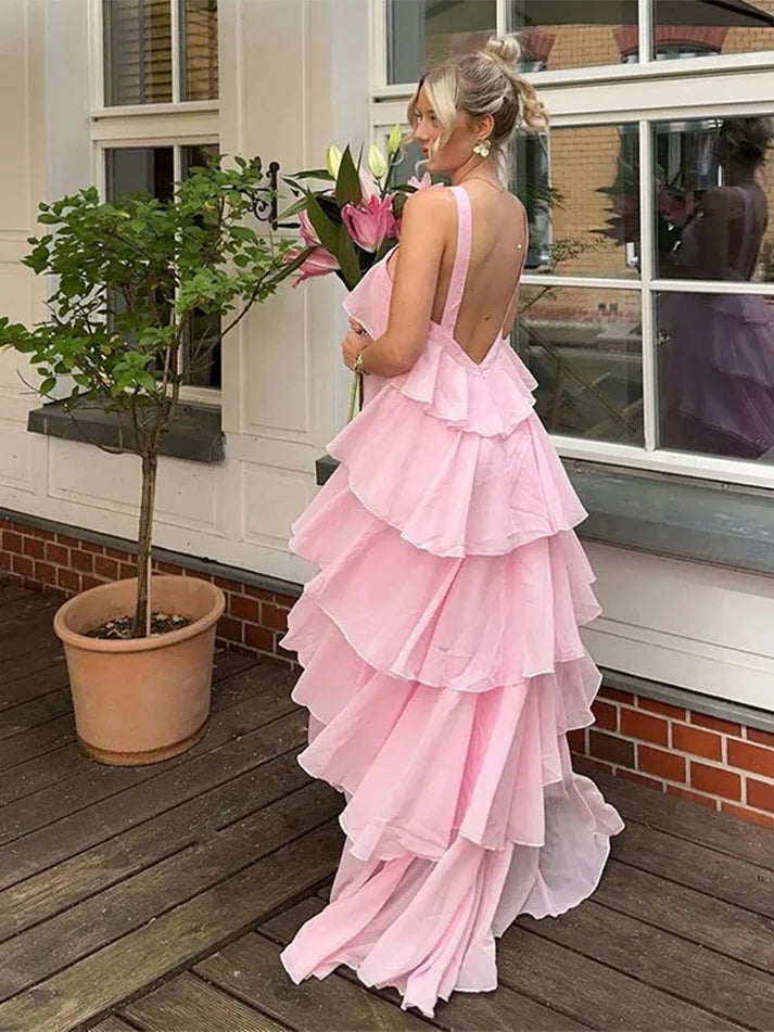 A line Halter Chiffon floor-length pink prom dresses SD1480