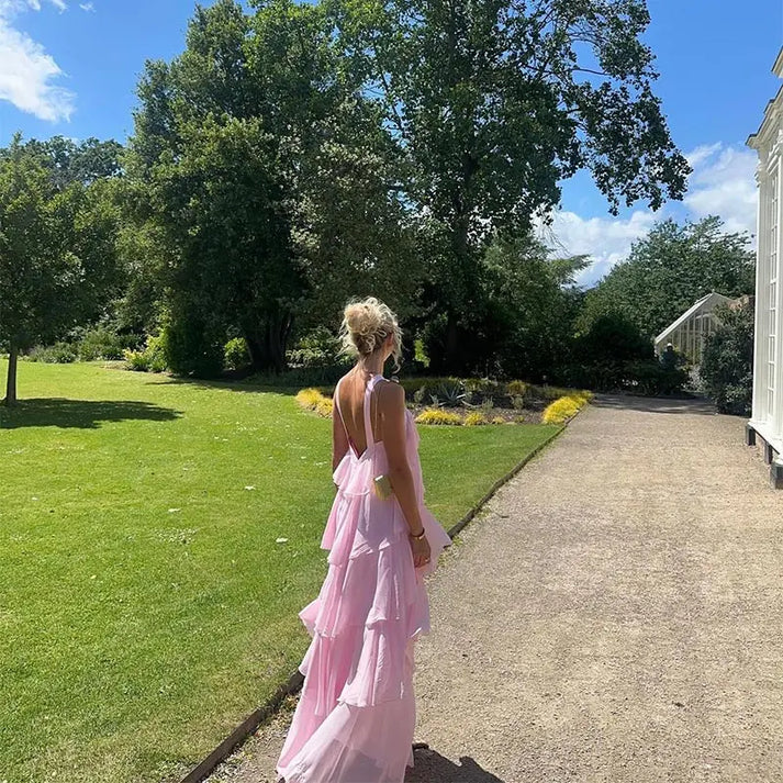 A line Halter Chiffon floor-length pink prom dresses SD1480