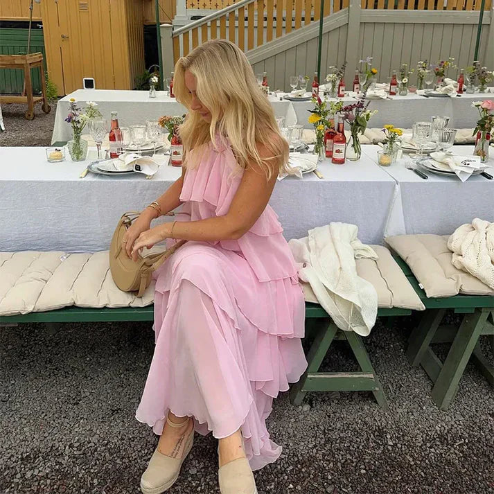 A line Halter Chiffon floor-length pink prom dresses SD1480