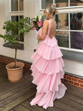 A line Halter Chiffon floor-length pink prom dresses SD1480