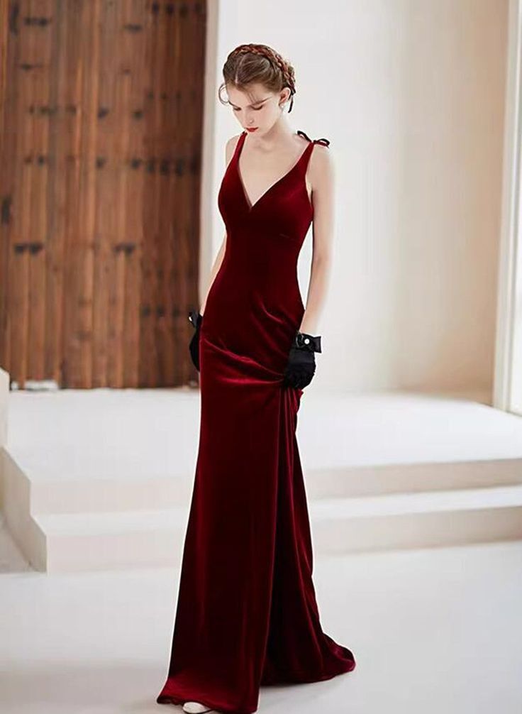 Mermaid Straps Burgundy Long Evening Dress Velvet Prom Dresses SD1508 HZ0628