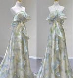 A line Off The Shoulder Halter Green Floral Beads Long Party Dress Prom Dresses SD1528