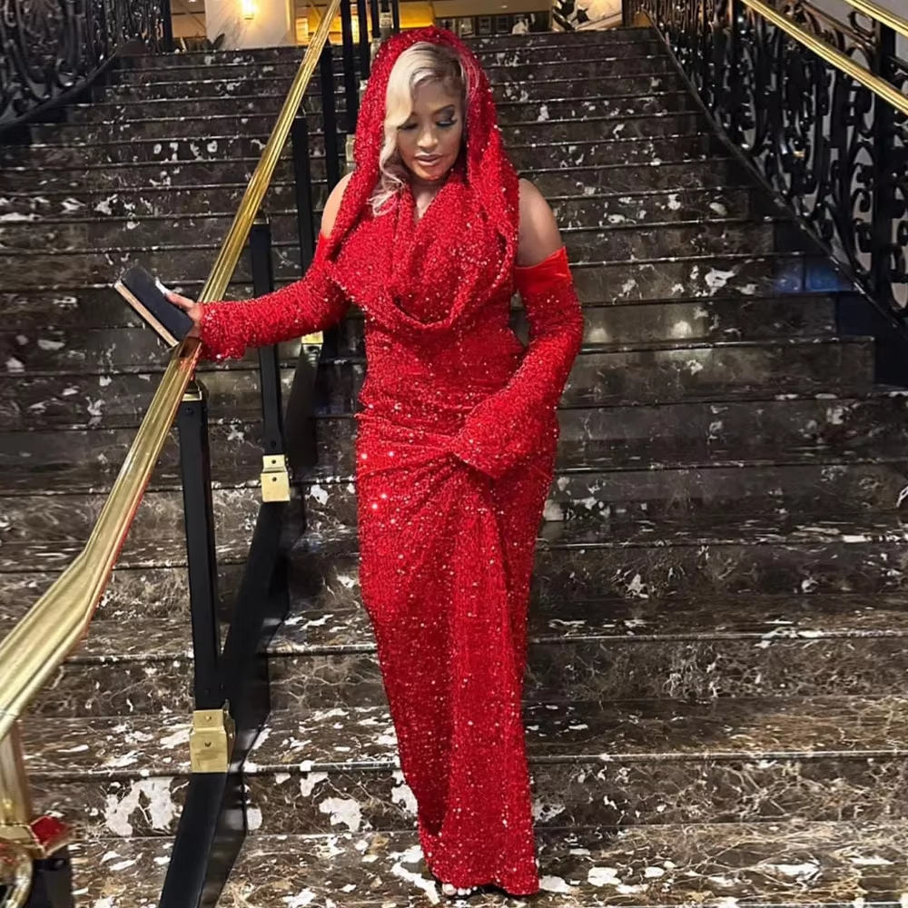 Sheath V Neckline Red Sequin Long Prom Dresses Formal Evening Dress SD1409