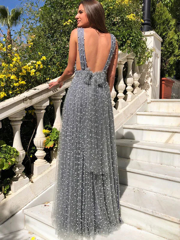 V-neck Sleeveless A-line Satin Evening Prom Dresses SD1592