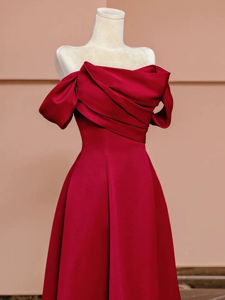 A Line Off The Shoulder Red Satin Floor Length Evening Dress Prom Dresses SD1610