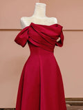 A Line Off The Shoulder Red Satin Floor Length Evening Dress Prom Dresses SD1610