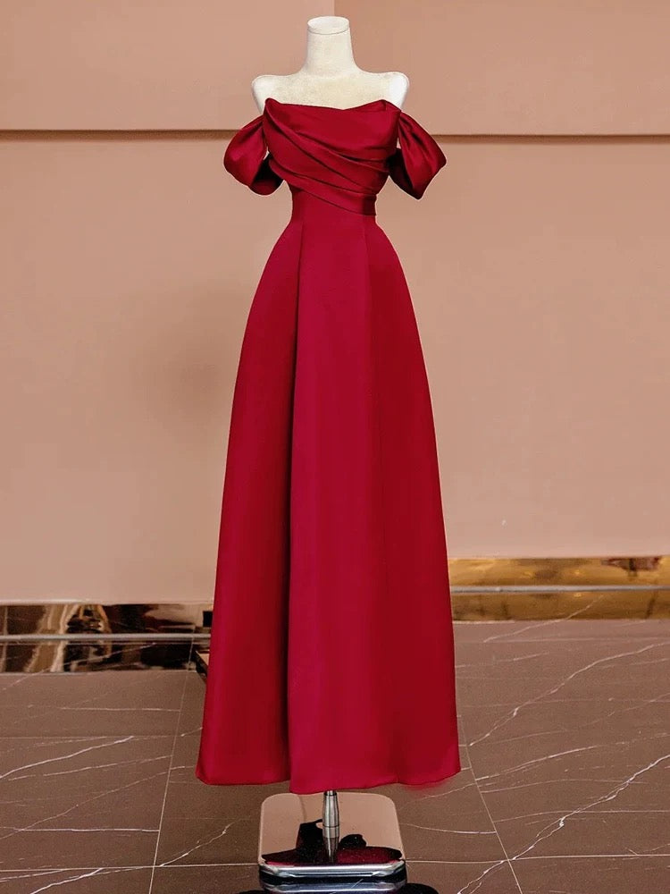 A Line Off The Shoulder Red Satin Floor Length Evening Dress Prom Dresses SD1610
