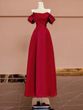 A Line Off The Shoulder Red Satin Floor Length Evening Dress Prom Dresses SD1610