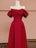 A Line Off The Shoulder Red Satin Floor Length Evening Dress Prom Dresses SD1610