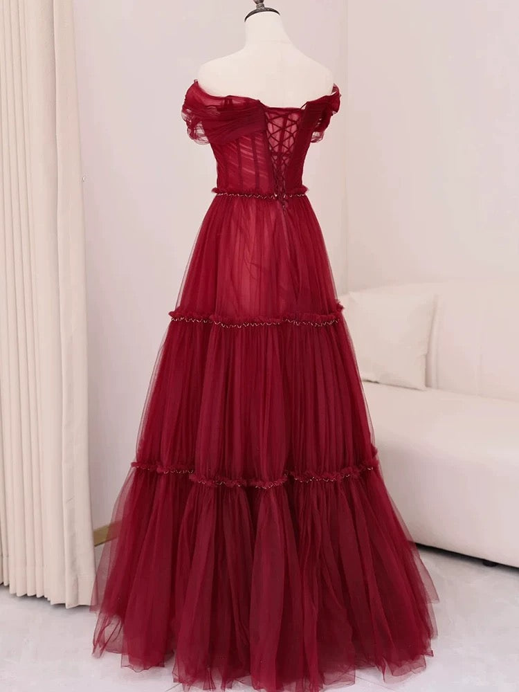 A Line Off The Shoulder Burgundy Tulle Floor Length Evening Dress Prom Dresses SD1612