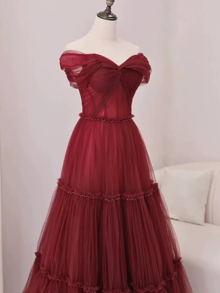 A Line Off The Shoulder Burgundy Tulle Floor Length Evening Dress Prom Dresses SD1612