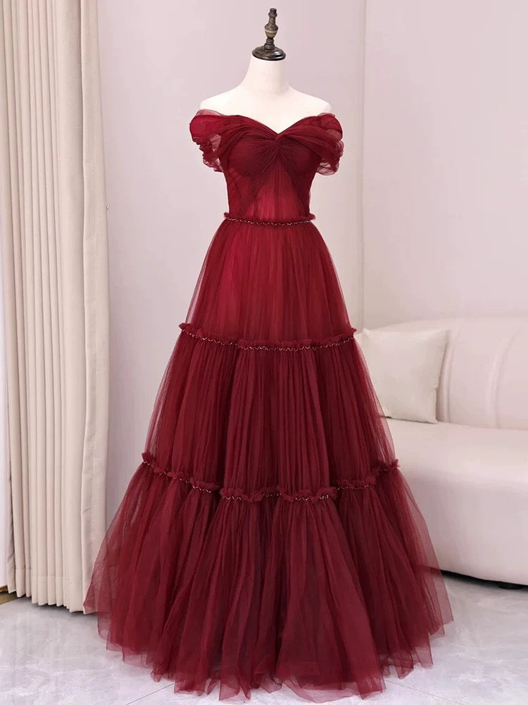 A Line Off The Shoulder Burgundy Tulle Floor Length Evening Dress Prom Dresses SD1612