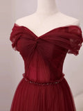 A Line Off The Shoulder Burgundy Tulle Floor Length Evening Dress Prom Dresses SD1612
