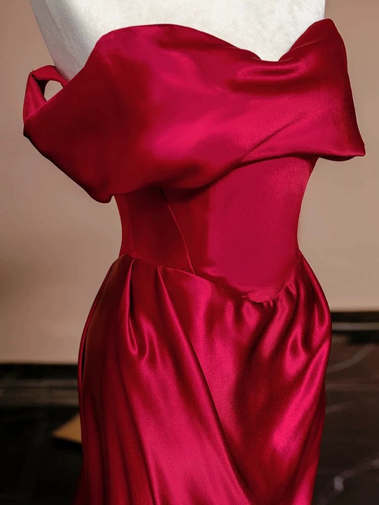 Mermaid Off The Shoulder Satin Red Floor Length Evening Dress Prom Dresses SD1614 HZ0628
