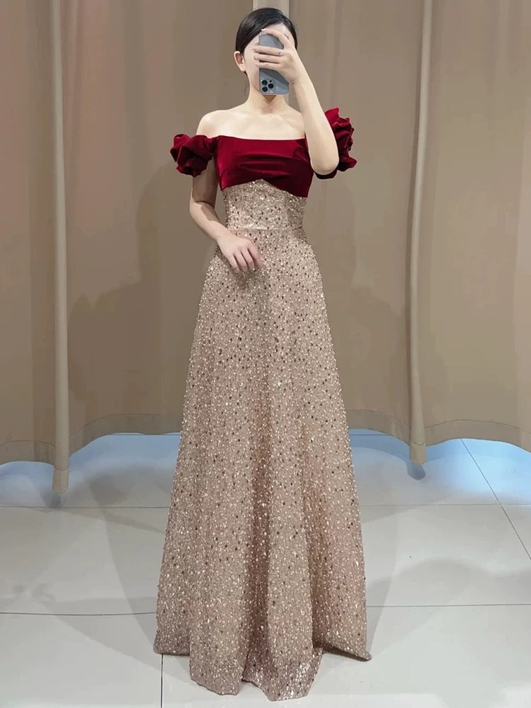 A Line Off The Shoulder Sequin Floor Length Evening Dress Prom Dresses SD1615