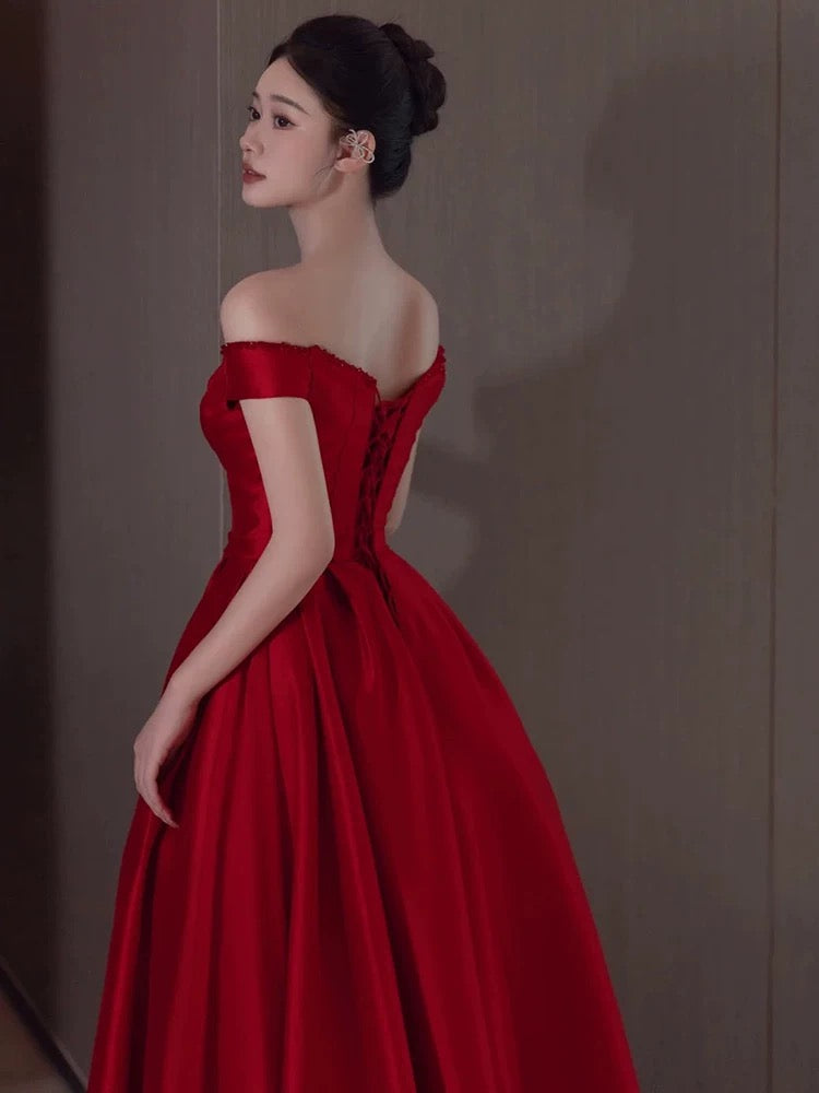 A Line Off The Shoulder Satin Red Floor Length Evening Dress Prom Dresses SD1623