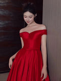 A Line Off The Shoulder Satin Red Floor Length Evening Dress Prom Dresses SD1623