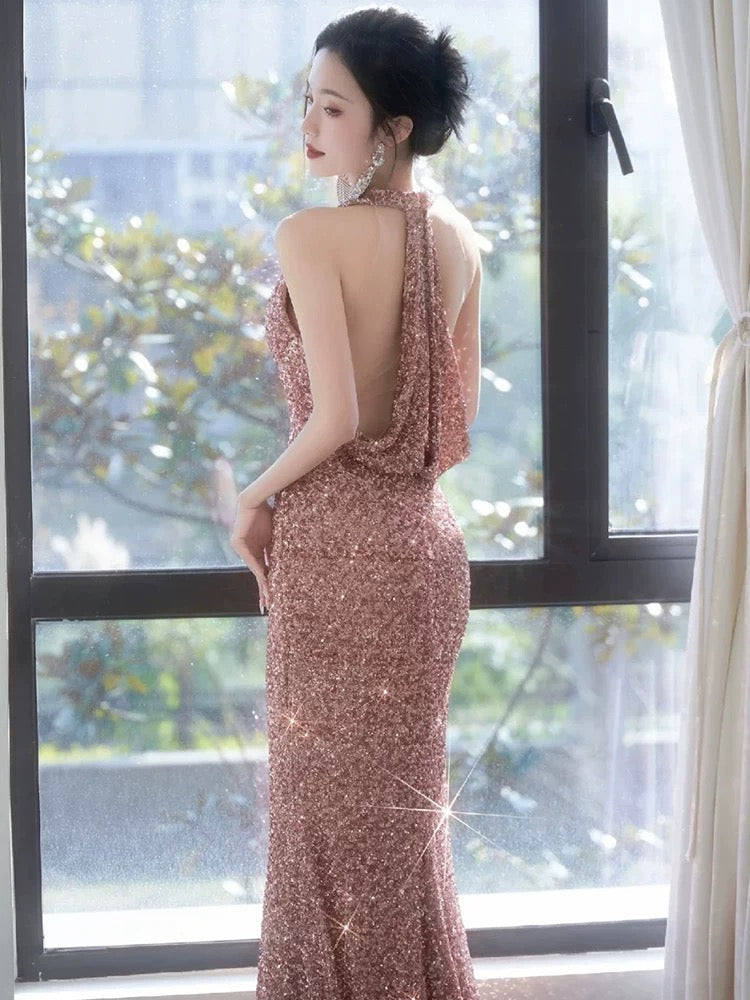 Sheath V Neckline Sequin Rose Pink Floor Length Evening Dress Prom Dresses SD1625