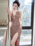 Sheath V Neckline Sequin Rose Pink Floor Length Evening Dress Prom Dresses SD1625