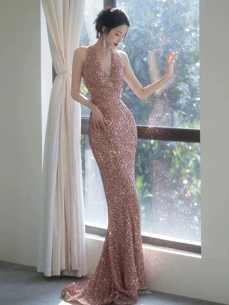 Sheath V Neckline Sequin Rose Pink Floor Length Evening Dress Prom Dresses SD1625