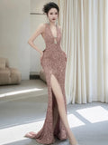 Sheath V Neckline Sequin Rose Pink Floor Length Evening Dress Prom Dresses SD1625