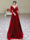 A Line Long Sleeves Red Satin Evening Dress Prom Dresses SD1634