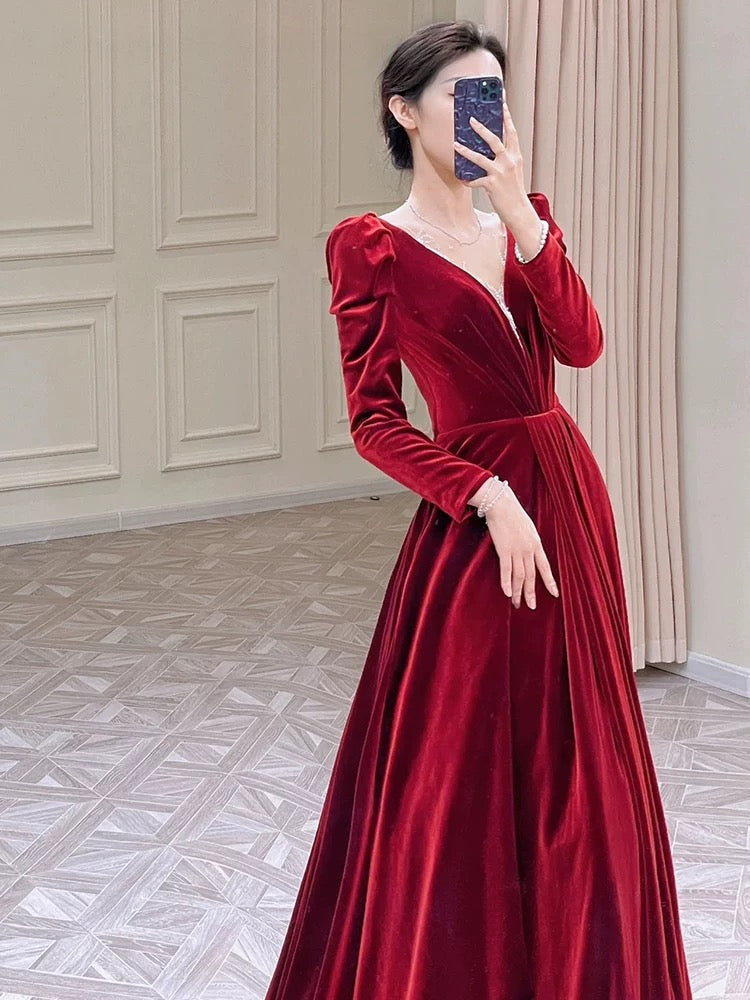 A Line Long Sleeves Red Satin Evening Dress Prom Dresses SD1634