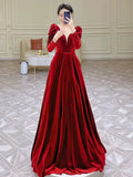 A Line Long Sleeves Red Satin Evening Dress Prom Dresses SD1634