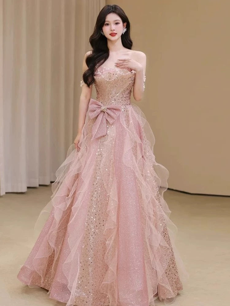 A Line Off The Shoulder Tulle Pink Floor Length Evening Dress Prom Dresses SD1639