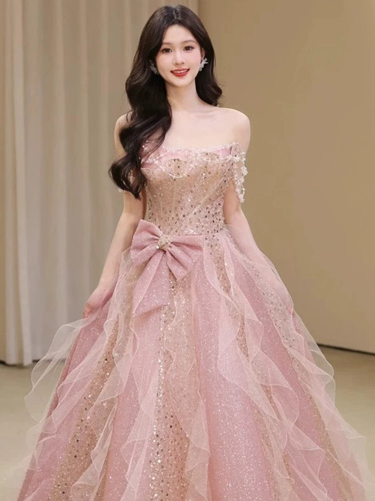 A Line Off The Shoulder Tulle Pink Floor Length Evening Dress Prom Dresses SD1639