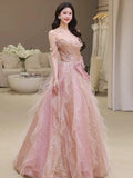 A Line Off The Shoulder Tulle Pink Floor Length Evening Dress Prom Dresses SD1639
