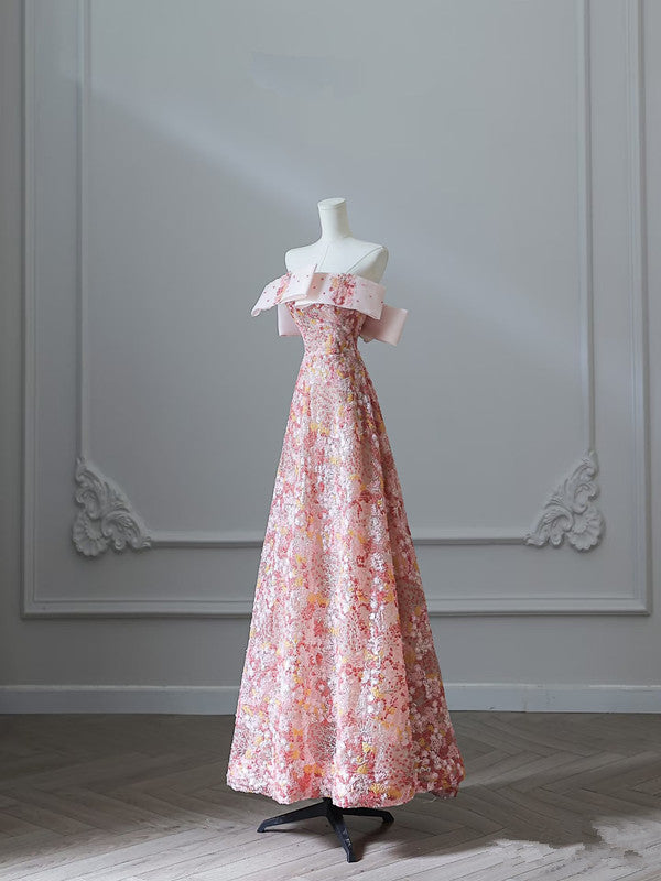 A Line Off The Shoulder Sequin Pink Floor Length Evening Dress Prom Dresses SD1642