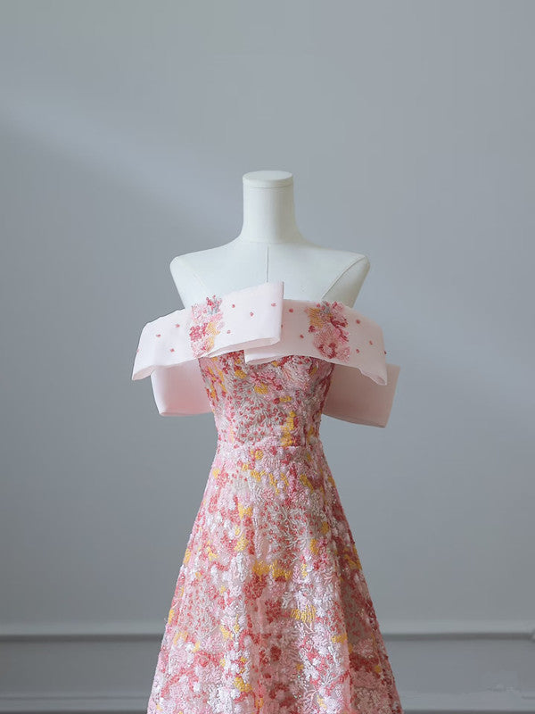 A Line Off The Shoulder Sequin Pink Floor Length Evening Dress Prom Dresses SD1642