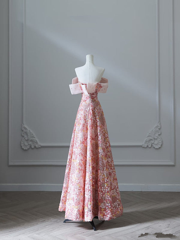 A Line Off The Shoulder Sequin Pink Floor Length Evening Dress Prom Dresses SD1642