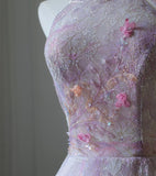 A Line High Neckline Lilac Lace Tulle Flowers Evening Dress Prom Dresses SD1651