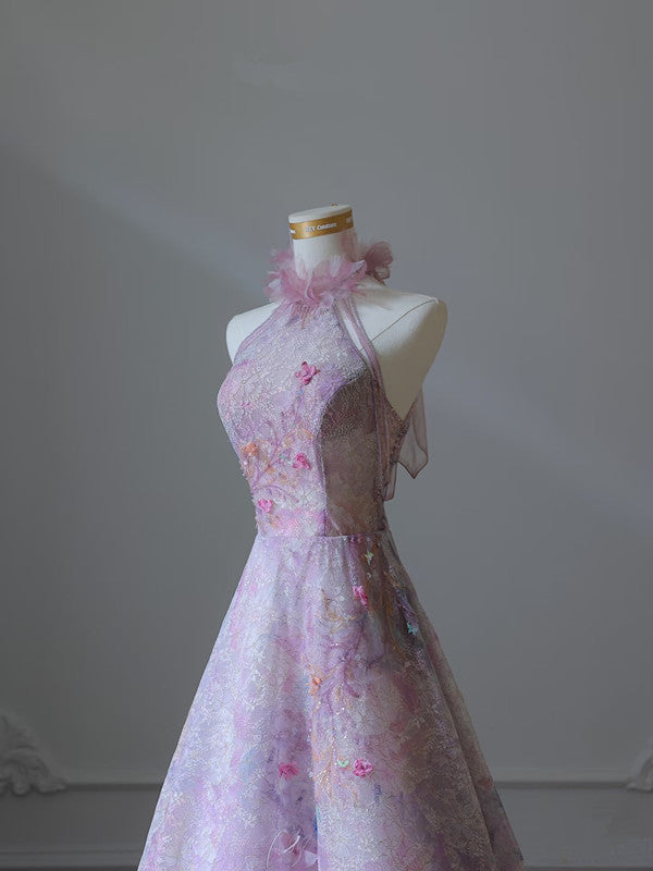 A Line High Neckline Lilac Lace Tulle Flowers Evening Dress Prom Dresses SD1651