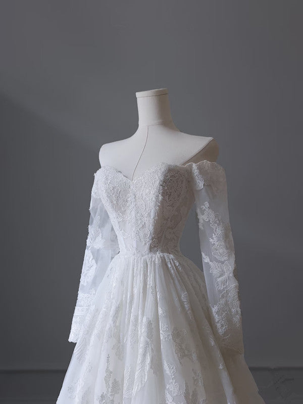 A line Off The Shoulder White Lace Long Wedding Dresses Brides Dress SD1660