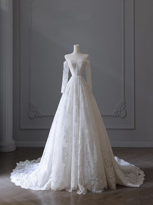 A line Off The Shoulder White Lace Long Wedding Dresses Brides Dress SD1660