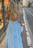 A Line Halter Blue Chiffon Backless Long Evening Dress Prom Dresses SD1660