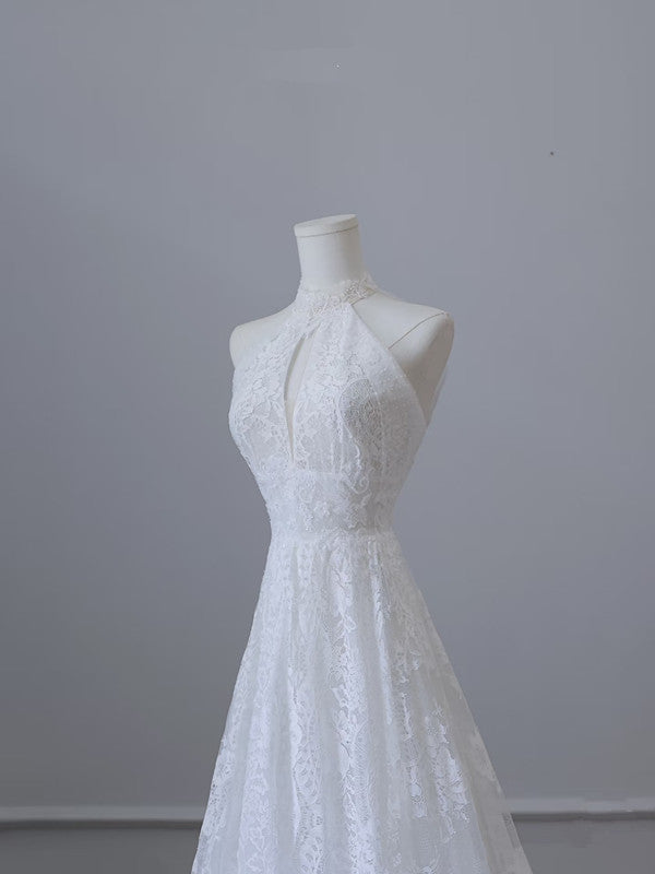 A line High Neckline White Lace Long Wedding Dresses Brides Dress SD1662