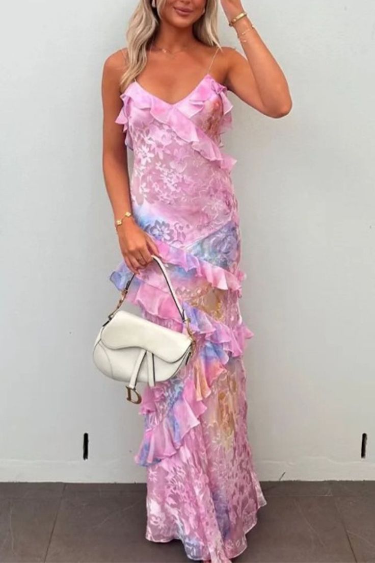Mermaid Spaghetti Straps Floor Length Floral Pink Chiffon Evening Dress Lace Prom Dresses S1707 HZ0628